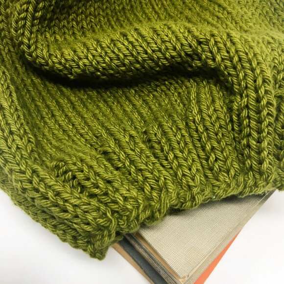 Handknitted Cotton Avocado Green Stretchable Ribbed Edge Slouchy Hat - Picture 10 of 16